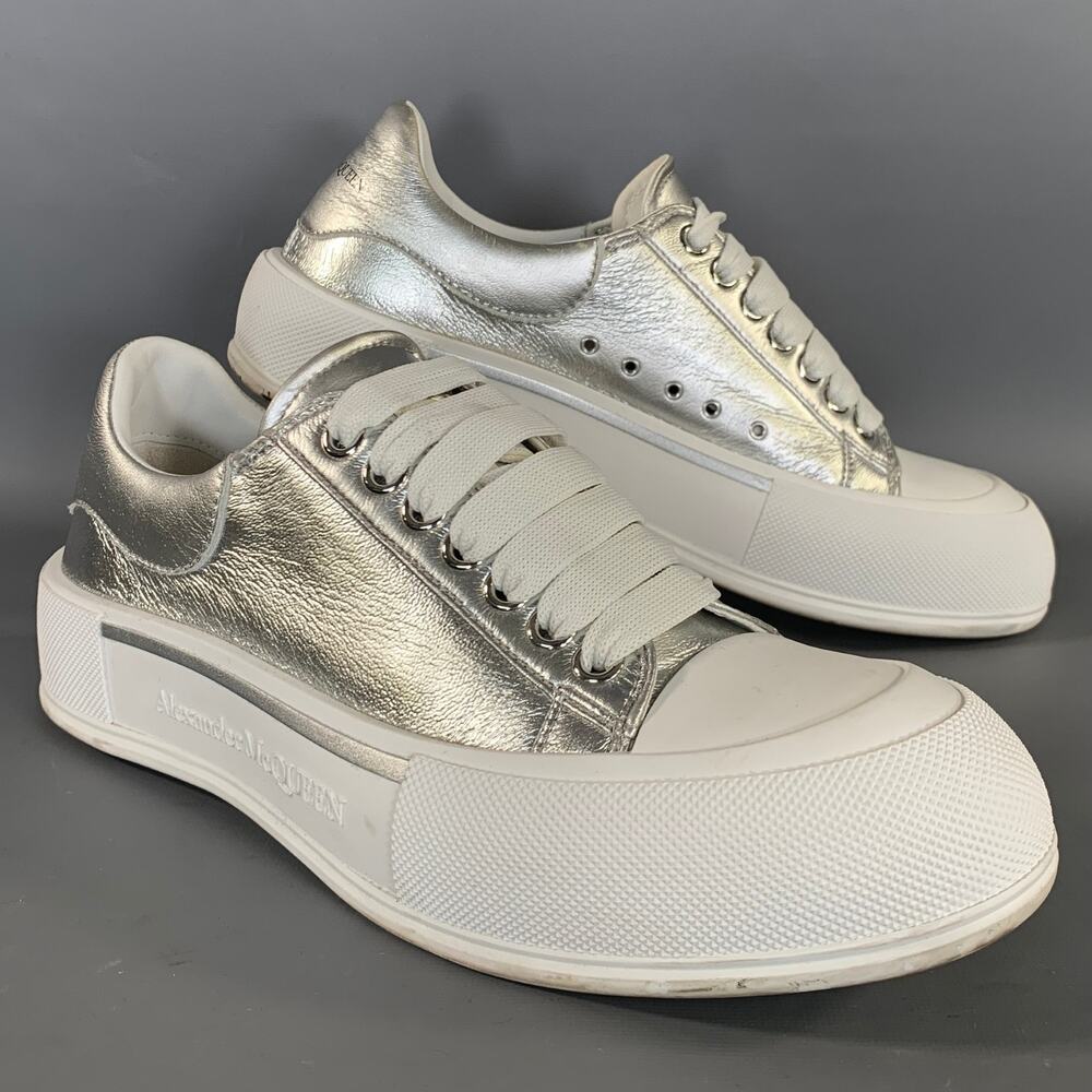 ALEXANDER MCQUEEN Size 9 Silver White Metallic Leather Lace Sneakers